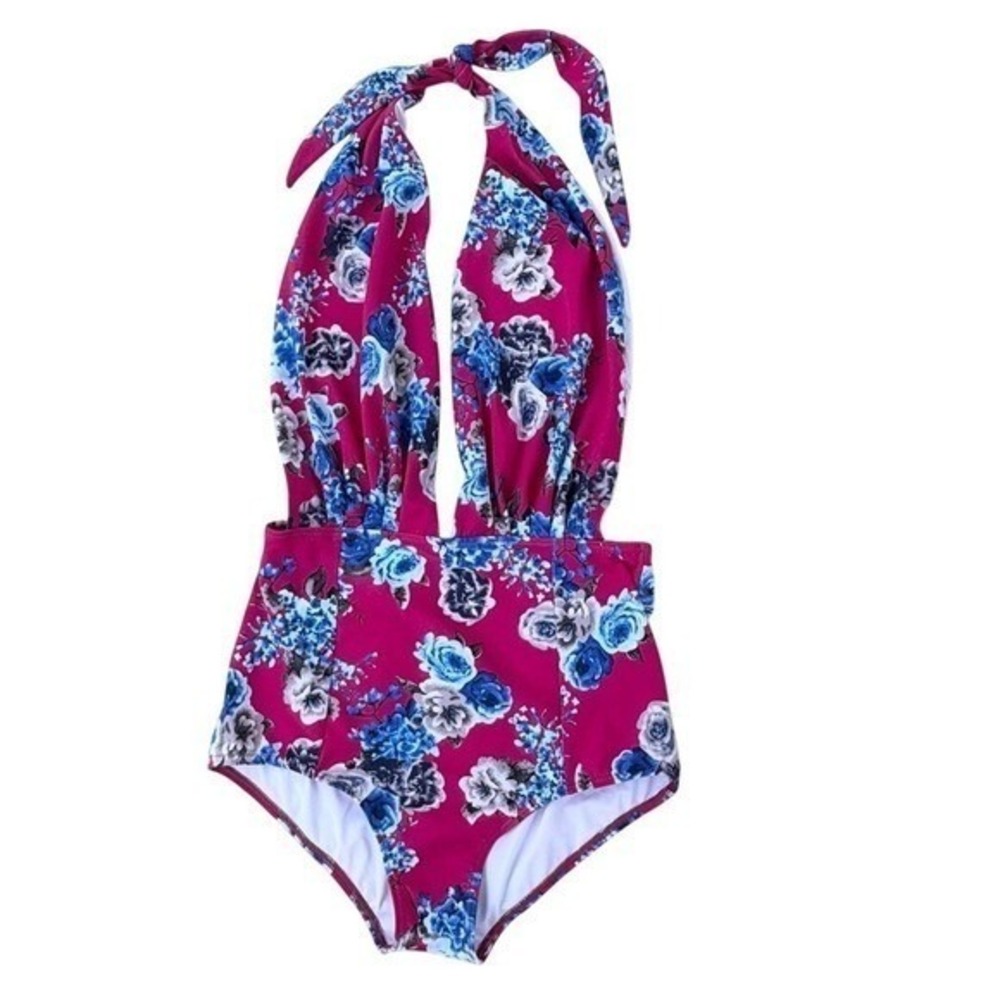 Cocoship Floral Halter Monokini Swimsuit S Pink Blue
